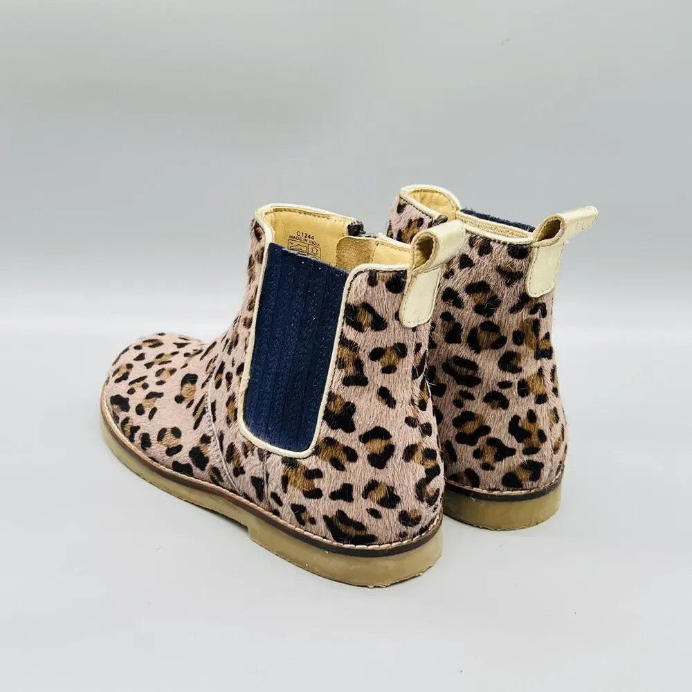 Mini Boden Boots Girls 1 Brown Leopard Print Calf Hair Chelsea Ankle Zip Shoes